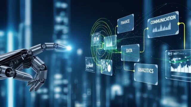 Robotic hand interacting with digital interface for finance, data, communication, and analytics, illustrating AI agent automating business workflow, analysis, and process management. - Powered by Adobe