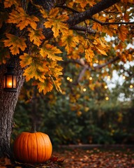 Pumpkin resting under autumn tree with lantern and glowing fall leaves