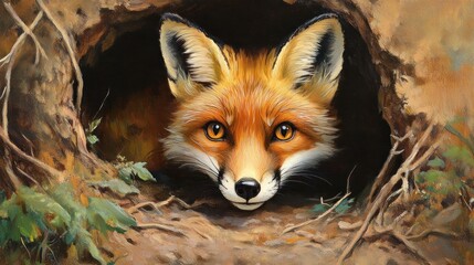 Obraz premium Fox peeking from den