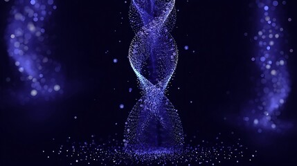 a digital rendering shows a central structure resembling a twisted staircase made of light blue particles