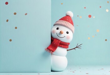 3D Snowman Holiday Card Mockup with Blank Sign, Festive Winter Background, and Fun Character