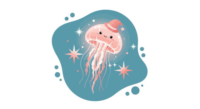 Animated Jellyfish Wearing A Magic Hat And Sparkling Stars In A Blue Abstract Background