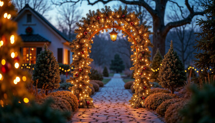 Obraz premium Enchanted Pathway with Holiday Lights Leading to Cozy Home at Dusk for Seasonal Decor Ideas, Holiday Blogs, Christmas Planning, Home Decor Websites, and Festive Celebrations