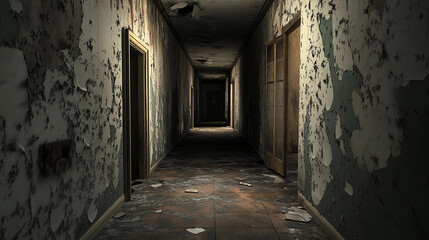 Dimly lit abandoned hallway with peeling walls and debris Generative AI