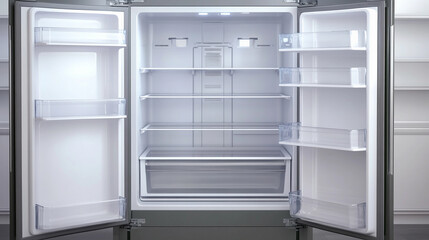Fototapeta premium Open empty refrigerator awaiting contents Generative AI