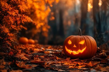 Glowing jack o lantern on autumn forest path with golden leaves