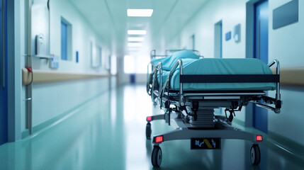 Hospital gurney in empty modern hallway at night Generative AI