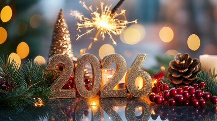 Golden 2026 new years eve celebration with sparkler, tree, and pine cone