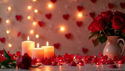 Romantic Candle Arrangement with Red Roses and Heart Decorations for Valentine's Day, Love Celebrations, Holiday Decor, and Romantic Dinner Settings