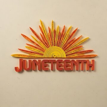 A vibrant paper-cut design showcases the words Juneteenth, highlighted with a stylized sunrise.