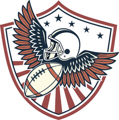 Retro shield emblem: football ball in centre, helmet on top, eagle wings spreading, stars in background.