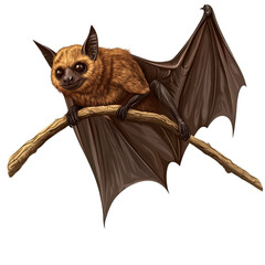 Adorable brown bat perched on a branch with its wings partially spread against a showcasing its furry body and cute face in a detailed vector illustration style on transparent background