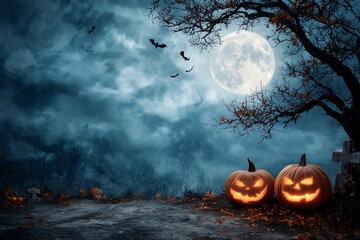 Glowing jack o lanterns under full moon with bats in haunted graveyard