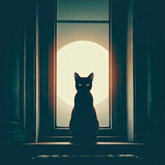 Black cat silhouette sitting in window with glowing full moon behind