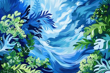 Nature, arbre et verdure, illustration style aquarelle en bleu et vert. 