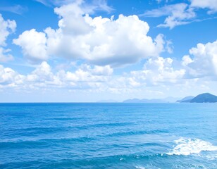 Wide ocean view, clear sky with fluffy clouds