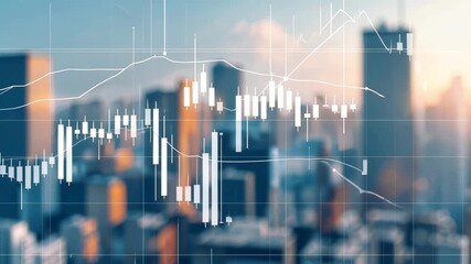 Financial Stock Market Graph Overlay on Blurred Modern City Skyline with Tall Skyscrapers - Powered by Adobe