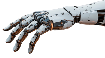 Advanced robotic hand close up showing detailed engineering and metal components on transparent background ideal for innovation and automation designs