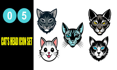 Five stylized cat faces in various colors and expressions feline animal icons vector