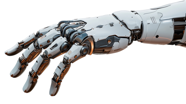 Advanced robotic hand close up showing detailed engineering and metal components on transparent background ideal for innovation and automation designs