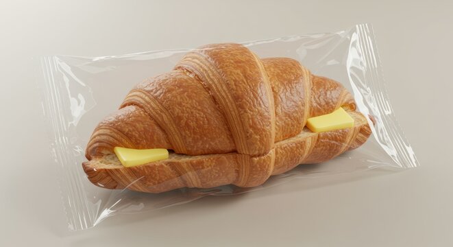 Golden Croissant Sandwich with Butter Slices in Clear Plastic Packaging