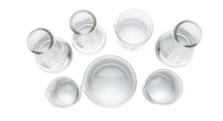 Laboratory glass beakers with liquid isolated on white isolated on transparent background