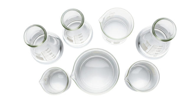 Laboratory glass beakers with liquid isolated on white isolated on transparent background