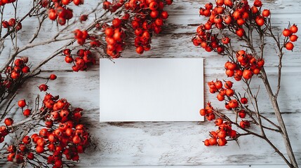 Blank card surrounded by vibrant red berries and rustic wooden background for autumnal greetings