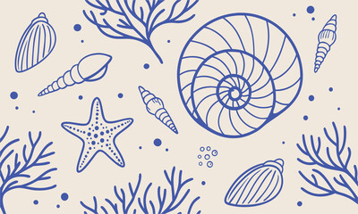Seamless Nautical Pattern Line Art modern vector illustration Seashells, bed cover print, textile print, Starfish, and Coral on Navy, easily editable and scalable.