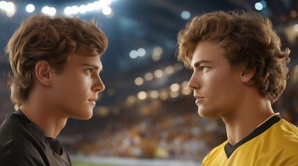 Sports Field Confrontation: Athletes in jerseys facing off on a soccer field with a ball a referee whistle and a stadium with cheering crowds. high quality photo ultra high