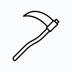 Black Line Illustration of Scythe Agricultural Tool on White Background