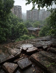 Obraz premium Rain-soaked urban rooftop steps, looking up at apartment buildings through lush greenery