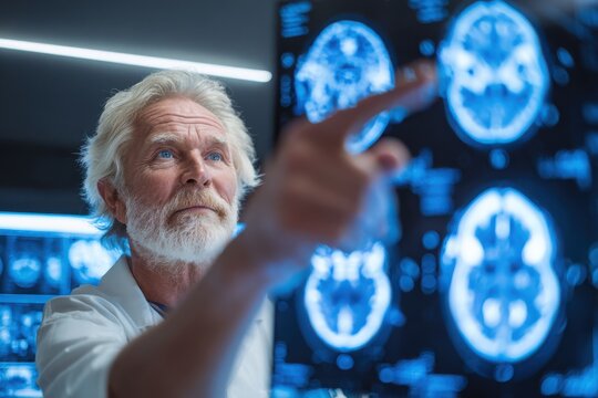 Senior scientist examining brain scans in a modern lab, highlighting neural activity and research