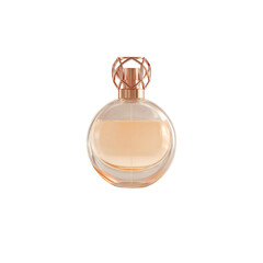 Elegant circular perfume bottle with decorative rose gold stopper on isolated scene