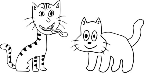 two funny cats, children's drawing, cat with big cheeks and smiling tabby sitting cat with anthropomorphic face with long tongue, children draw style design elements