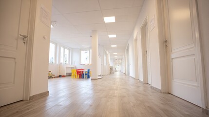 Bright and Welcoming Kindergarten Hallway with Colorful Furniture and Natural Light, Inviting Atmosphere for Children