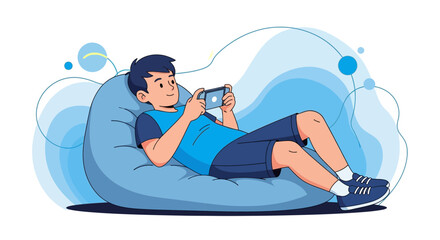 Boy Relaxing on a Beanbag Playing a Game on His Smartphone in Vector Art