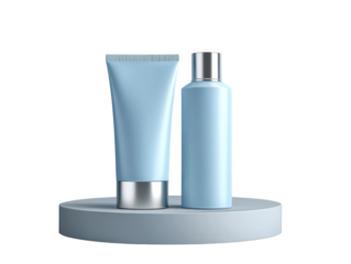 Elegant cosmetic product presentation showcasing blue packaging on a round platform on a