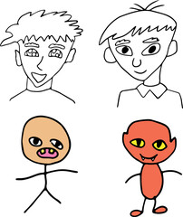 funny characters, portraits avatars faces of two young men, funny humanoid creatures, children draw style design elements