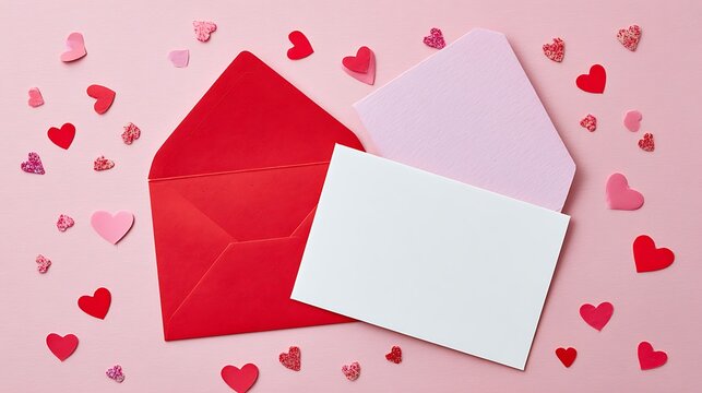 Red envelope with blank card surrounded by scattered pink and red hearts on a soft pink background - Powered by Adobe