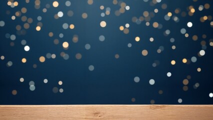 A wooden table top with a dark blue background with gold and silver confetti.