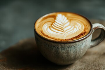 Close-Up View of Latte Art in Creamy Coffee Cup on Wooden Surface