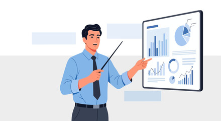 Business man presenting a finance report and analytics on a digital screen