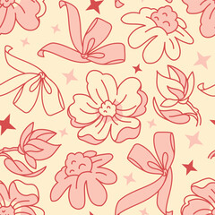 Seamless peach-pink pattern with ribbons, bows, and flowers. Perfect for textile design, girly wrapping paper, and soft feminine backgrounds