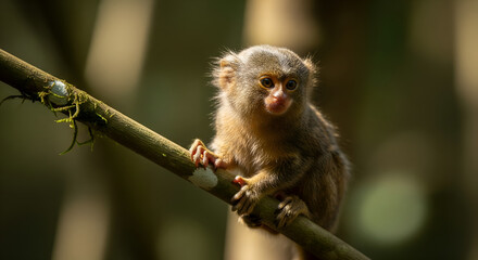 Tiny Pygmy Marmoset Monkey Clinging to Branch in Sunlight