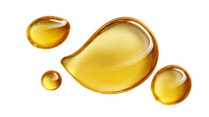 Luminous golden fluid drops on transparent background, symbolizing purity and vitality, radiating