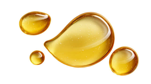 Luminous golden fluid drops on transparent background, symbolizing purity and vitality, radiating