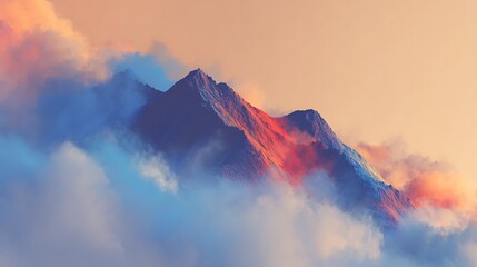 Abstract mountain peaks emerge from swirling clouds painted in vibrant hues of blue and orange