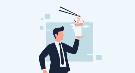 Businessman Eating Noodles From Takeout Box, Illustration Of Food And Business Concept