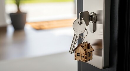 House keys with a small home keychain in the front door lock.